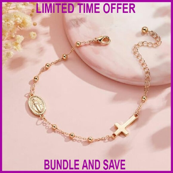 Virgin Mary Cross Charm Bracelet 14K Gold Plated 6" Length - Picture 3 of 7